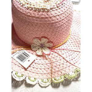 NWT CutieCollection Summer Easter Straw Hat 20" Pink White Girls Sz 3T-5T